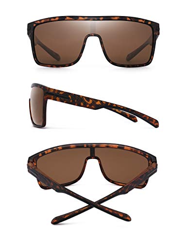 JIM HALO Gafas de sol con escudo polarizado, gafas cuadradas de gran tamaño con parte superior plana para hombres (montura de tortuga / lente marrón polarizada)