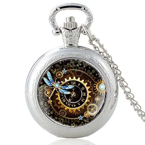 JJYY Clásico Steampunk Gear Dragonfly Design Silver Glass Dome Vintage Reloj de Bolsillo Hombres Mujeres Colgante Horas Reloj Regalos M