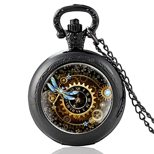 JJYY Clásico Steampunk Gear Dragonfly Design Silver Glass Dome Vintage Reloj de Bolsillo Hombres Mujeres Colgante Horas Reloj Regalos M