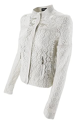 JOPHY & CO. Chaqueta de encaje para mujer, ligera, transparente, con cremallera y bolsillos laterales (cód. 3976) Color blanco. S