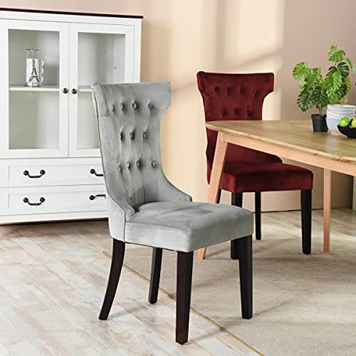 Juego de 2 sillas de comedor de lujo, respaldo alto con acolchado de terciopelo, silla acolchada retro con patas de madera, color gris