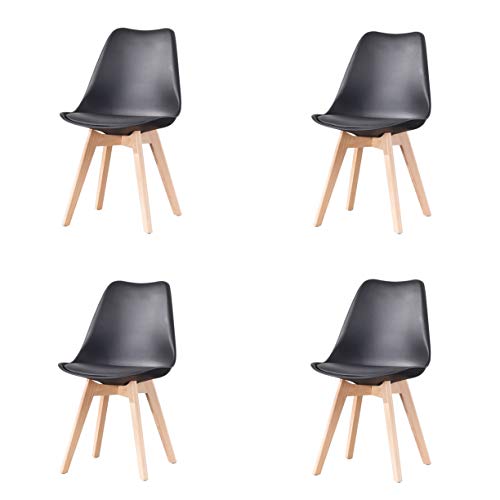 Juego de 4 sillas de comedor clásicas clásicas nórdicas de cuero con patas de madera maciza para muebles de hogar y oficina comercial (negro)