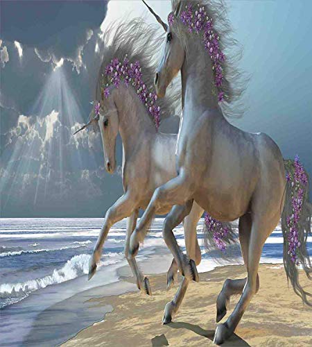 Juego de funda nórdica para caballos, Running Horses by Seashore con flores lilas adornadas con crines debajo de las vigas, juego de cama decorativo de 3 piezas con 2 fundas de almohada, Dimgray y lil