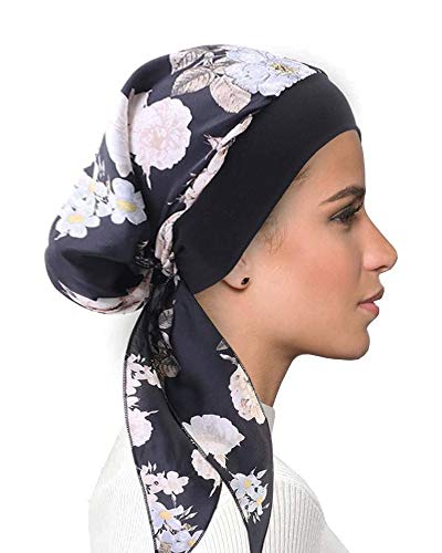 JUHONNZ Turbante de Auimioterapia para Mujer,Pañuelo la Cabeza Cancer Gorro de Turbante de Seda Sintética Elástica Bufanda de La Cabeza para Càncer Bufanda de Satén para Cabeza Diadema (Black-Flower)