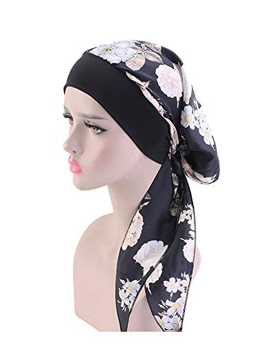 JUHONNZ Turbante de Auimioterapia para Mujer,Pañuelo la Cabeza Cancer Gorro de Turbante de Seda Sintética Elástica Bufanda de La Cabeza para Càncer Bufanda de Satén para Cabeza Diadema (Black-Flower)