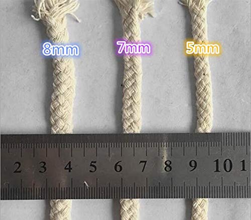 JUNICON Cuerda de algodón trenzado de 7 mm, cordón de macramé de 8 hilos, hilo de algodón natural para colgar en la pared, colgar plantas, envolver regalos, decoración de tapiz