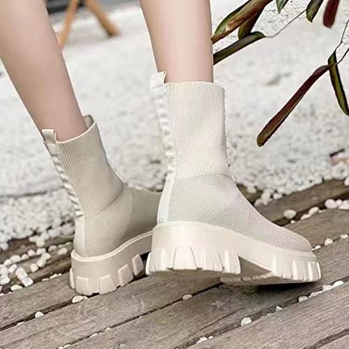JUSTMAE 2021 Cálidos de Gran tamaño de otoño Botas para Mujer Nuevo TAMAÑO 43 Botas Cortas de Punto Calcetines de Colores Gruesos Zapatos de Mujer 42 Mujeres-Off White,37