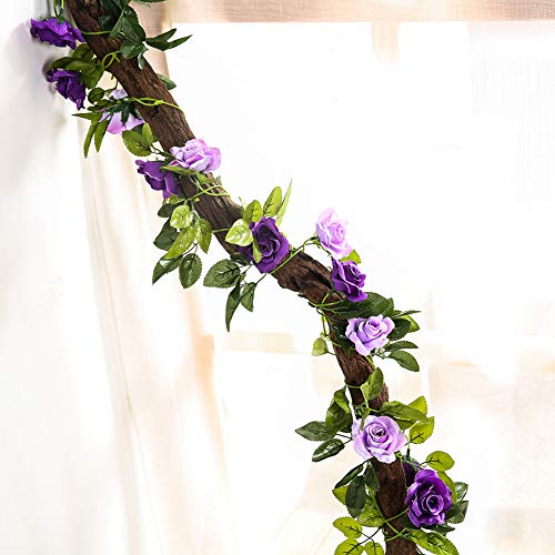 JUSTOYOU 2 Pack 7.8FT 13 Cabezas de Doble Color Artificial Falso Rose Garland Vides Colgando Flores de Seda para la decoración de la Pared de la Boda al Aire Libre Badroom (Púrpura)