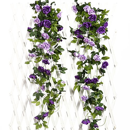JUSTOYOU 2 Pack 7.8FT 13 Cabezas de Doble Color Artificial Falso Rose Garland Vides Colgando Flores de Seda para la decoración de la Pared de la Boda al Aire Libre Badroom (Púrpura)