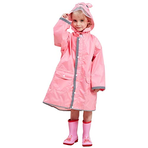JZK Chubasquero impermeable poncho Impermeables chaquetas capa lluvia con mangas y capucha y rayas reflectantes para niños y niñas de 2-4 4-6 6-10 años (L, Rosa)