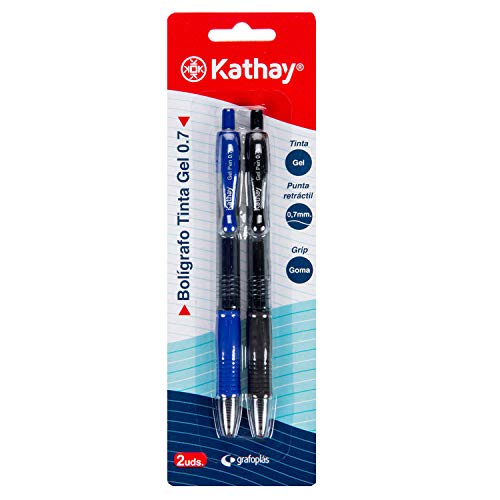 Kathay 86210599. Pack de 2 Bolígrafos de Gel, Color Azul y Negro, Punta 0,7, Cierre en Clic, Perfectos como Material Escolar