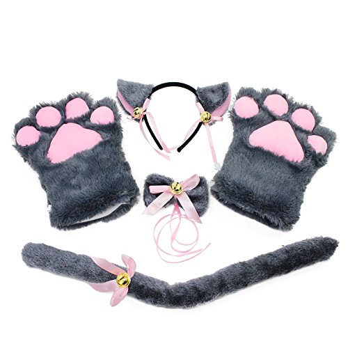 KEESIN Conjunto de Cosplay de Gato Guantes de Garra de Felpa Orejas de Gatito de Gato Collar de Cola Patas Disfraz de Fiesta Adorable Lindo para niños y Adultos (Gris)