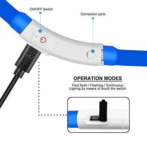 KEKU LED Collar de Perro de Mascota, llevó USB Recargable Collar de Seguridad para Mascotas Impermeable hasta la Longitud de 50 cm (19.5in) Collar de Destello Ajustable (Azul)