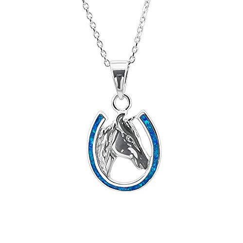 Kiara Jewellery Collar de plata de ley 925 con colgante de herradura de ópalo de laboratorio azul con cabeza de caballo en cadena de plata de ley de 45,72 cm, chapado en rodio.