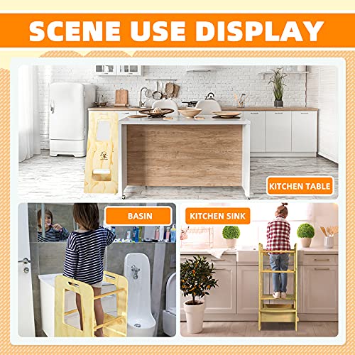 Kiddy dreams Torre Aprendizaje Montessori,Taburete de Madera de Altura Ajustable para niños,Cocina ayudante Ayuda para Bebe,leea Silla Montessori Plegable con Convertible, Asas y riel de Seguridad