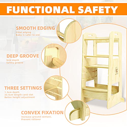 Kiddy dreams Torre Aprendizaje Montessori,Taburete de Madera de Altura Ajustable para niños,Cocina ayudante Ayuda para Bebe,leea Silla Montessori Plegable con Convertible, Asas y riel de Seguridad