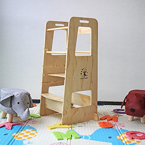 Kiddy dreams Torre Aprendizaje Montessori,Taburete de Madera de Altura Ajustable para niños,Cocina ayudante Ayuda para Bebe,leea Silla Montessori Plegable con Convertible, Asas y riel de Seguridad