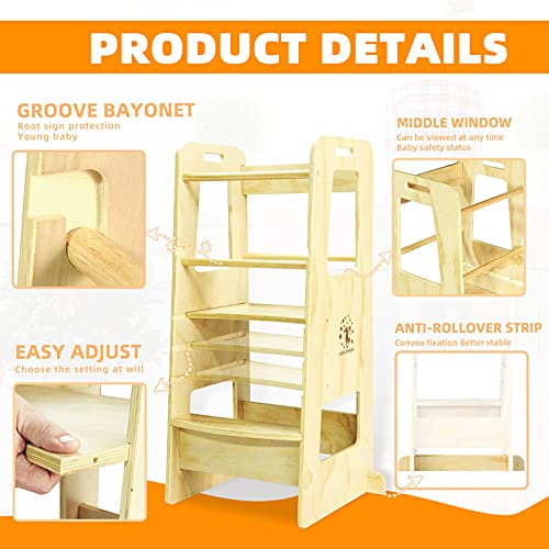 Kiddy dreams Torre Aprendizaje Montessori,Taburete de Madera de Altura Ajustable para niños,Cocina ayudante Ayuda para Bebe,leea Silla Montessori Plegable con Convertible, Asas y riel de Seguridad
