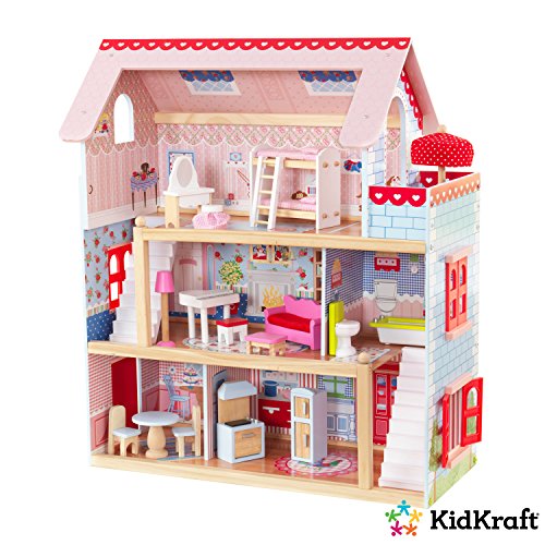 KidKraft 65054 Casa de muñecas de madera Chelsea Doll Cottage para muñecas de 12 cm con 16 accesorios incluidos y 3 niveles de juego