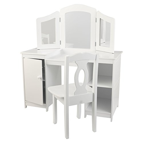 KidKraft- Juego de tocador con espejo y espacio de almacenamiento y silla de madera, tamaño mediano, para cuarto de juegos de niños/muebles de dormitorio Deluxe, Color Multicolor (13018)