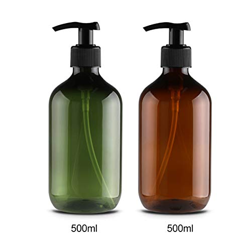 Kitchnexus, Botellas de plástico con bomba para loción, champú, gel de ducha, crema para manos, 500 ml, color verde y marrón, lote de 4 unidades