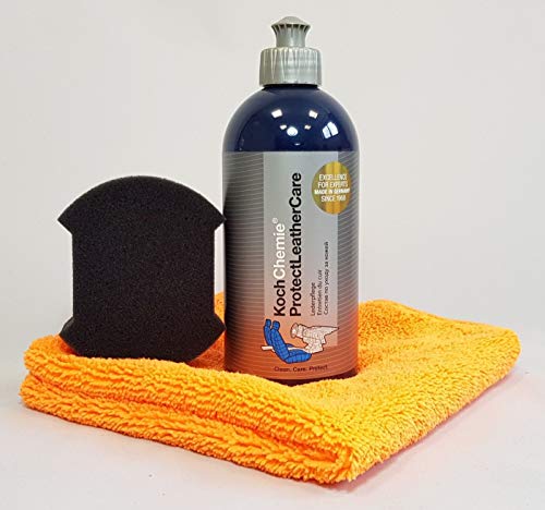 Koch Chemie Protect Leather Care 500 ml - Producto para el cuidado del cuero + paño de microfibra Clean2 Naranja esponja