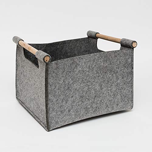 Korbond - Cesta de almacenamiento plegable, en forma de caja, de fieltro grueso gris y con asas de madera natural para organizar tus cosas  