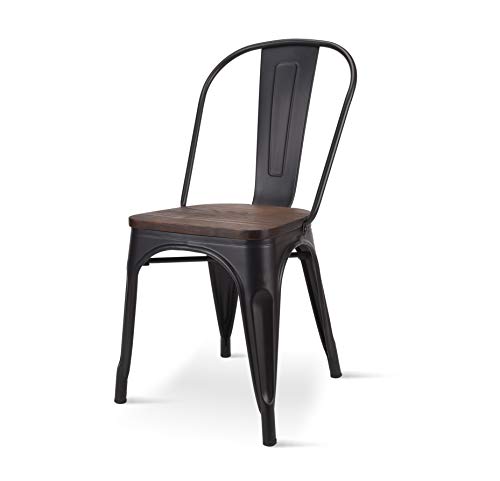 KOSMI - Lote de 4 sillas de metal negro mate con asiento de madera maciza oscura, para decoración de estilo industrial