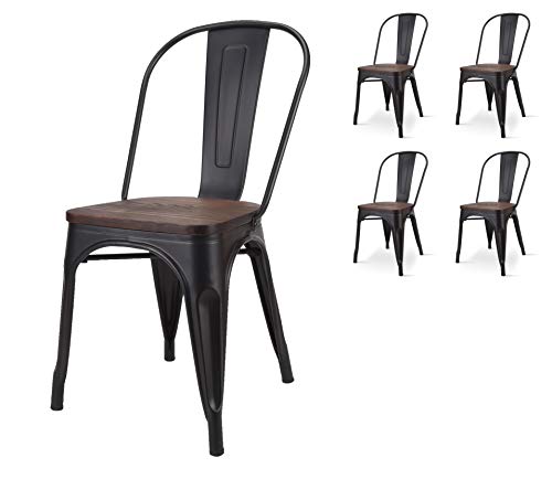 KOSMI - Lote de 4 sillas de metal negro mate con asiento de madera maciza oscura, para decoración de estilo industrial