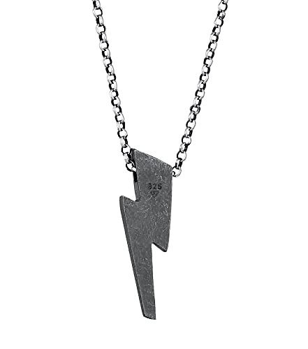 Kuzzoi Collar para hombre con colgante de rayo (20 mm) en plata de ley 925, cadena con símbolo geométrico de rayo para hombre, cadena de plata 925 oxidada con colgante, longitud de 55 cm