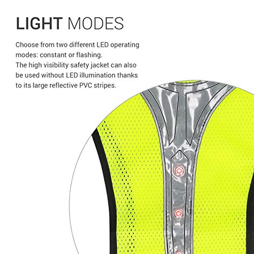 kwmobile Chaleco Reflectante con 3 Luces LED - Chaleco de Seguridad y Bandas Reflectantes en Amarillo - para Montar en Moto Bici Coche o Correr