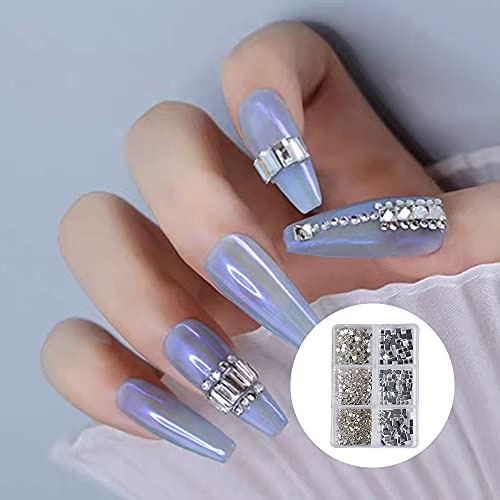 Kytpyi cristales para uñas, 6 tamaños redonda cuadrado rectángulodiamantes de uñas gemas uñas diamantes de cristal de espalda plano uñas cristales para manualidades de uñas y cara