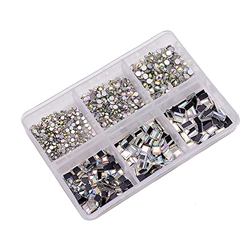 Kytpyi cristales para uñas, 6 tamaños redonda cuadrado rectángulodiamantes de uñas gemas uñas diamantes de cristal de espalda plano uñas cristales para manualidades de uñas y cara