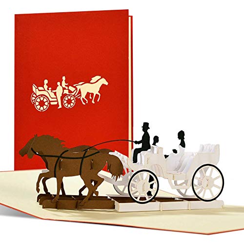 L18AMZred - Tarjeta de boda 3D con diseño de carruaje desplegable, elegante, vintage, original invitación de boda, clásica, con sobre, 18 cm, color rojo