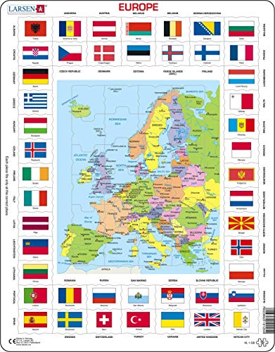 Larsen KL1 Banderas y Mapa político de Europa, edición en Inglés, Puzzle de Marco con 70 Piezas