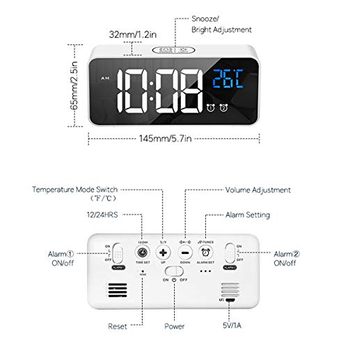 LATEC Reloj Despertador Digital, LED Pantalla Reloj Alarma Inteligente con Temperatura, Puerto de Carga USB, 12/24 Horas, 4 Brillo Ajustable, Función Snooze y Alarma de Espejo Portátil (Blanco)