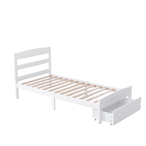 Lazyspace Cama con marco de listones y cajón grande, base de marco de cama individual de madera de pino macizo, base con cabecero y estribo para adolescentes/adultos, 90 x 200 cm (blanco)