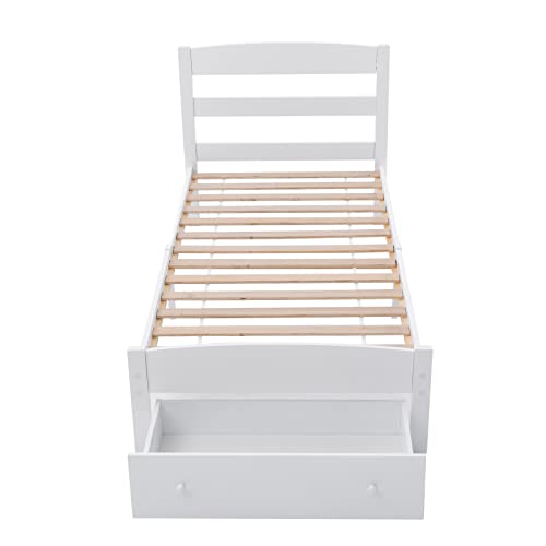 Lazyspace Cama con marco de listones y cajón grande, base de marco de cama individual de madera de pino macizo, base con cabecero y estribo para adolescentes/adultos, 90 x 200 cm (blanco)
