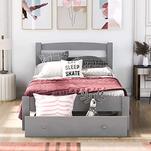 Lazyspace Cama con marco de listones y cajón grande, base de marco de cama individual de madera de pino macizo con cabecero y estribo para adolescentes/adultos, 90 x 200 cm (gris)
