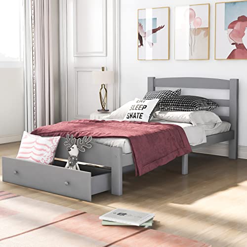 Lazyspace Cama con marco de listones y cajón grande, base de marco de cama individual de madera de pino macizo con cabecero y estribo para adolescentes/adultos, 90 x 200 cm (gris)