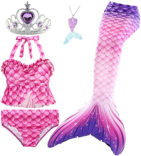 Le SSara 5 Piezas Traje de Baño para Niñas Colas de Sirena para Nadar Princesa Bikini Conjunto de Trajes de Baño Regalo de Cumpleaños 3-12 años (sin monoaleta) (3-4 Años,GB20+5pcsPur)