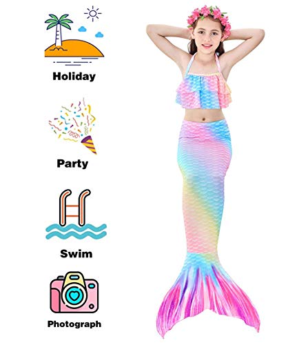 Le SSara Conjunto de 5 Piezas Colas de Sirena para Nadar Traje de Baño para Niñas Princesa Bikini 3-12 años (Sin Monofin) (GB15(YGold), 10-12 Años)