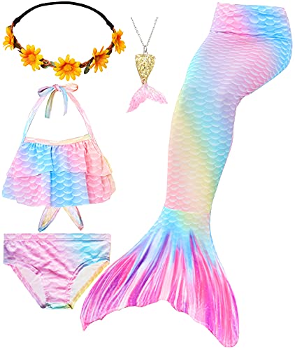 Le SSara Conjunto de 5 Piezas Colas de Sirena para Nadar Traje de Baño para Niñas Princesa Bikini 3-12 años (Sin Monofin) (GB15(YGold), 10-12 Años)