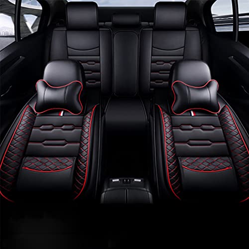Leather Car Seat Covers Full Set Universal, Car Seat Covers with Lumbar Support, Split Rear Seat, Seat Belt Holes and Pockets Car Seat Cover for Most 5 Seater (Size:Con reposacabezas,Color:Negro rojo)