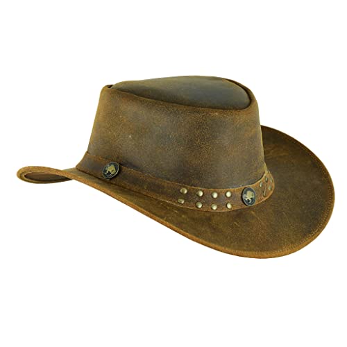 Leatherick Sombrero Cowboy - Sombrero Estilo Australiano Occidental de Cuero de Caballo Loco con Tachuelas Marrones con cordón en la Barbilla (XL, Marrón con Stud)