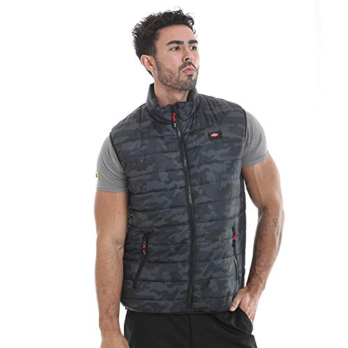 Lee Cooper LCVST708 ropa de trabajo para hombre Slim Fit Ligera impresión de Camo acolchado chaleco a prueba de viento impermeable térmica Chaleco Chaleco, Negro Camo, Grande