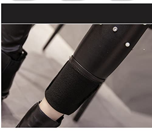 Leggins Mujer Vestir,Leggings Térmicos Para Mujer Moda Sexy Remache De Perlas Negro Pu Imitación De Cuero Leggings De Cintura Alta Pantalones Deportivos Elásticos Forrados De Terciopelo Grueso Me