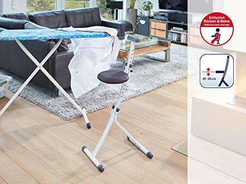 Leifheit Multiasiento Niveau blanco, taburete alto para tareas del hogar, asiento plegable que soporta hasta 100 kg, taburete regulable en 13 niveles