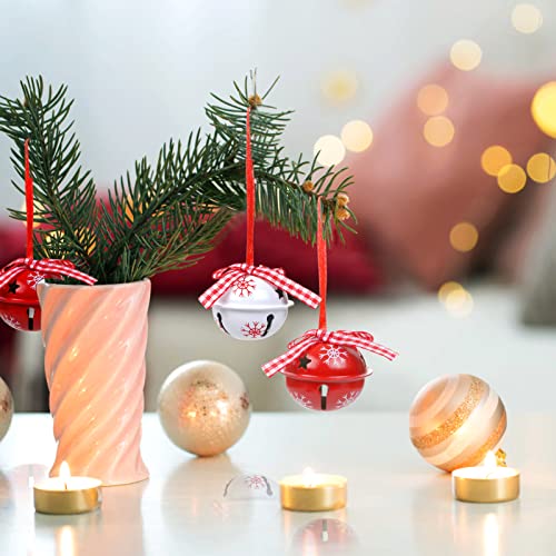 LEMESO 12 Piezas Cascabeles Jingle Bells Campanas Colgantes de Navidad Decorados con Copo de Nieve, Cascabeles Colgantes Rojo y Blanco