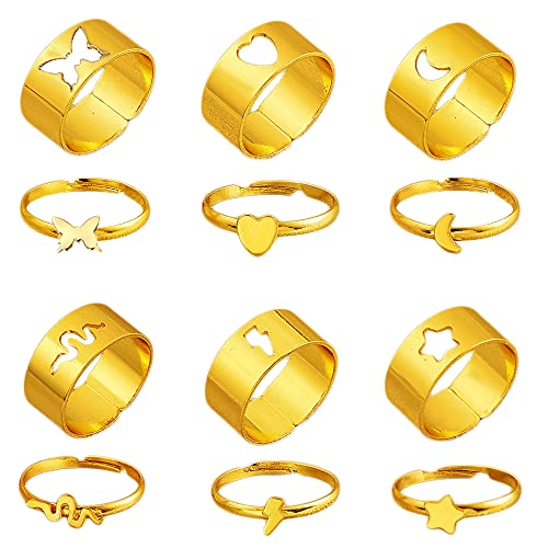 Liitata 6 pares de anillos a juego mariposas anillos de compromiso anillos de corazón estrella, luna flash serpiente anillos para boda aniversario cumpleaños regalo ropa diaria color dorado